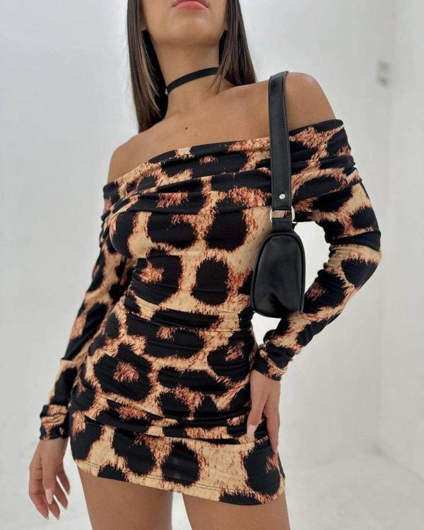 Kadın Madonna Mendil Yaka Leopar Desen Mini Elbise - Image 1