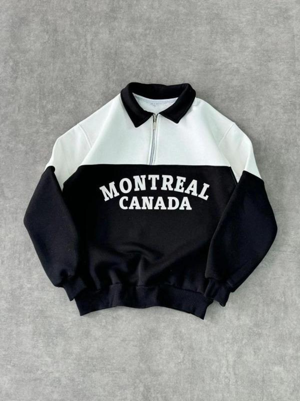 Yarım Fermuarlı Parçalı Yakalı SweatShirt - Siyah - Image 1