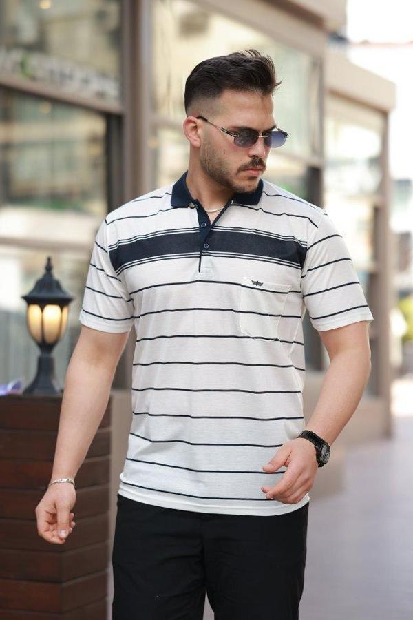 Erkek Yakalı çizgili Kısa Kollu T-shirt - Image 1