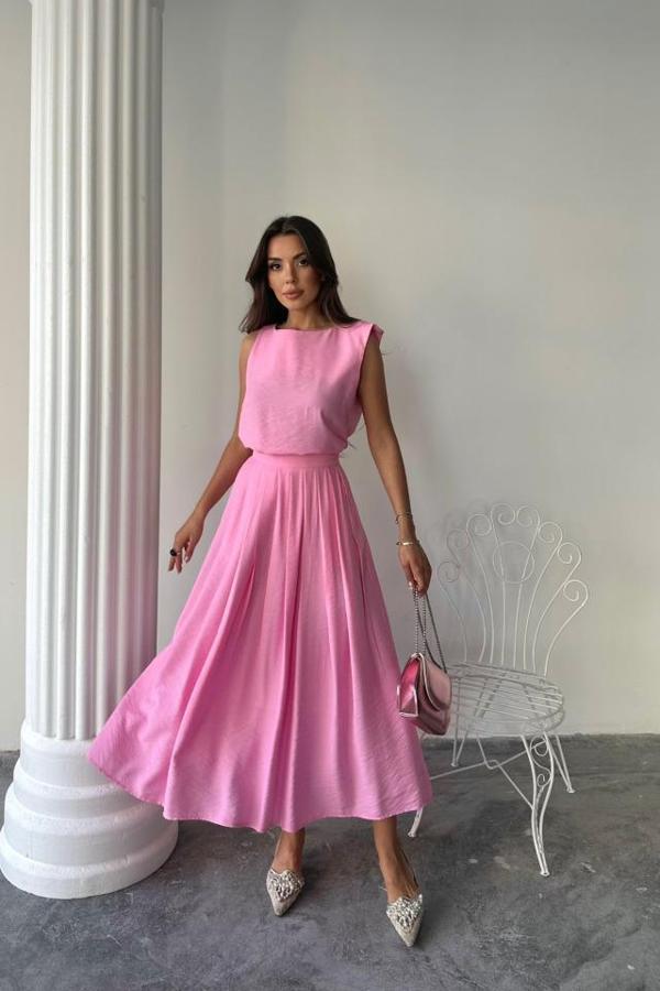 KETEN KOLSUZ BLUZ - MAXİ ETEK TAKIM - Pembe - Image 1