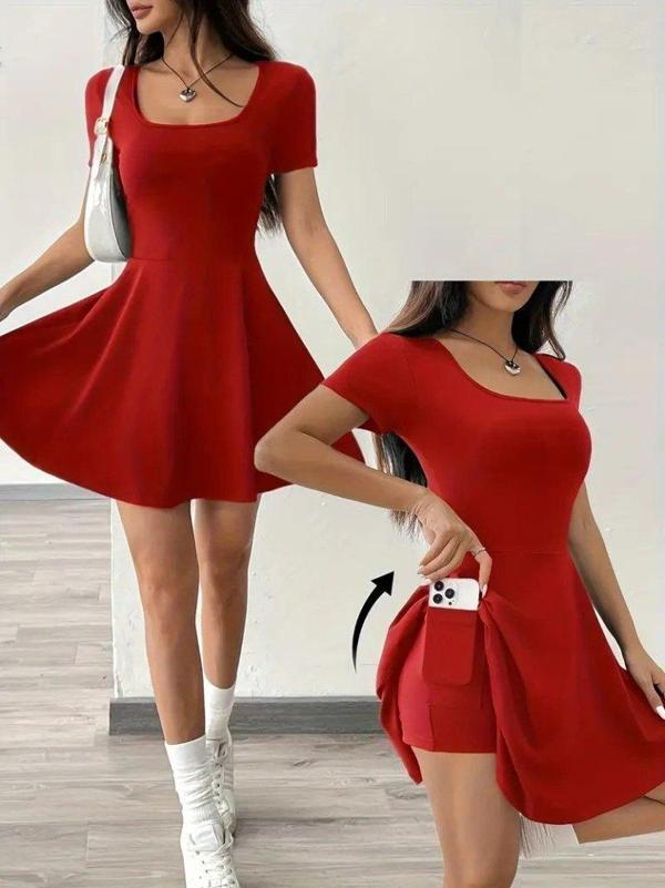 Kadın Kısa Kollu Kare Yaka Short Detaylı Cepli Dalgıç Elbise - Image 1