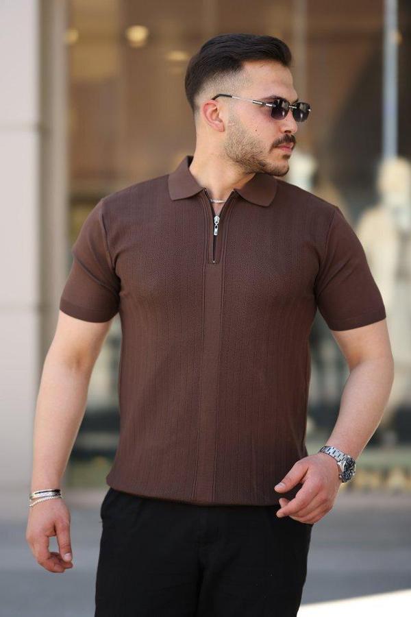 Erkek Yakası Fermuarlı Kısa Kollu T-shirt - Image 1