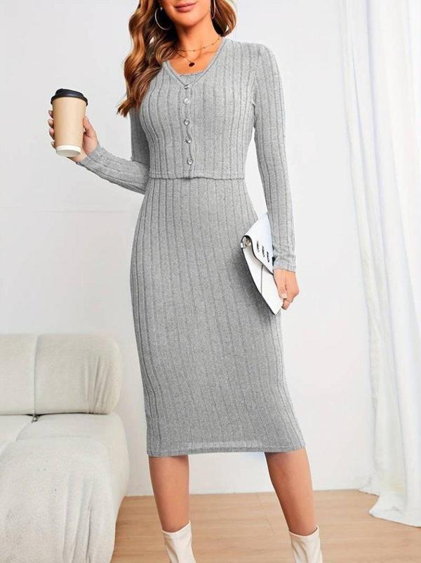 Kadın Uzun Kollu şardonlu Kaşkorseönü Düğmeli Mini Boy Elbise Ikili Takım - Image 1