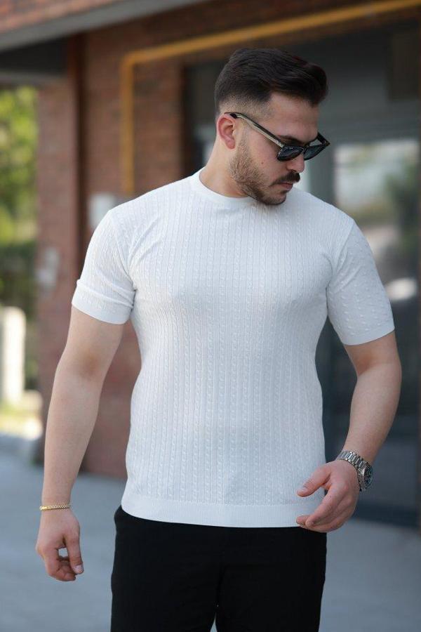 Erkek Bisiklet Yaka örgü Desenli Kısa örme Triko Kısa Kollu T-shirt - Image 1