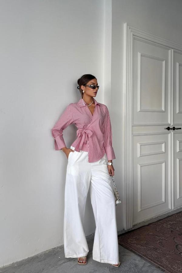 ÇİZGİLİ POPLİN KRUVAZE BAĞLAMALI GÖMLEK - Kırmızı - Image 1