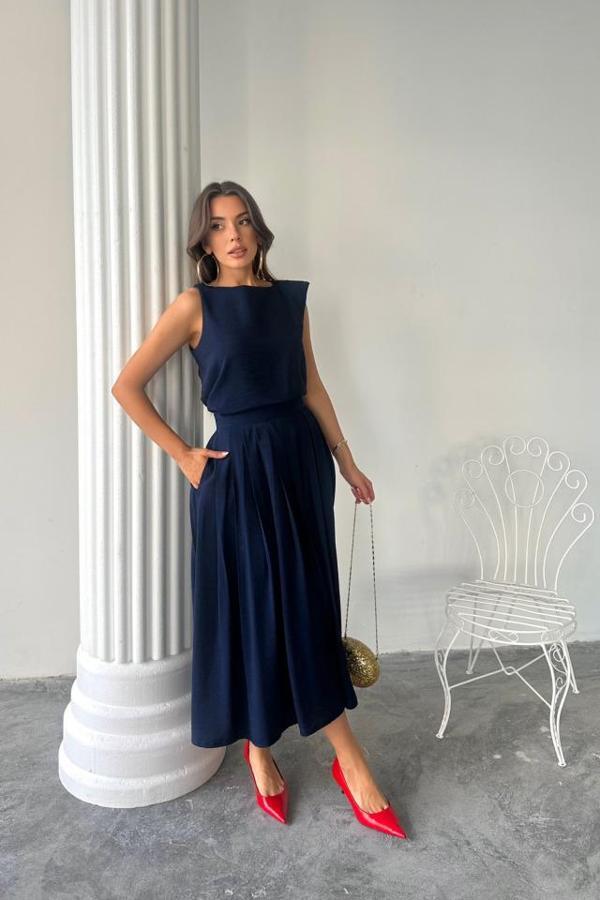 KETEN KOLSUZ BLUZ - MAXİ ETEK TAKIM - Lacivert - Image 1