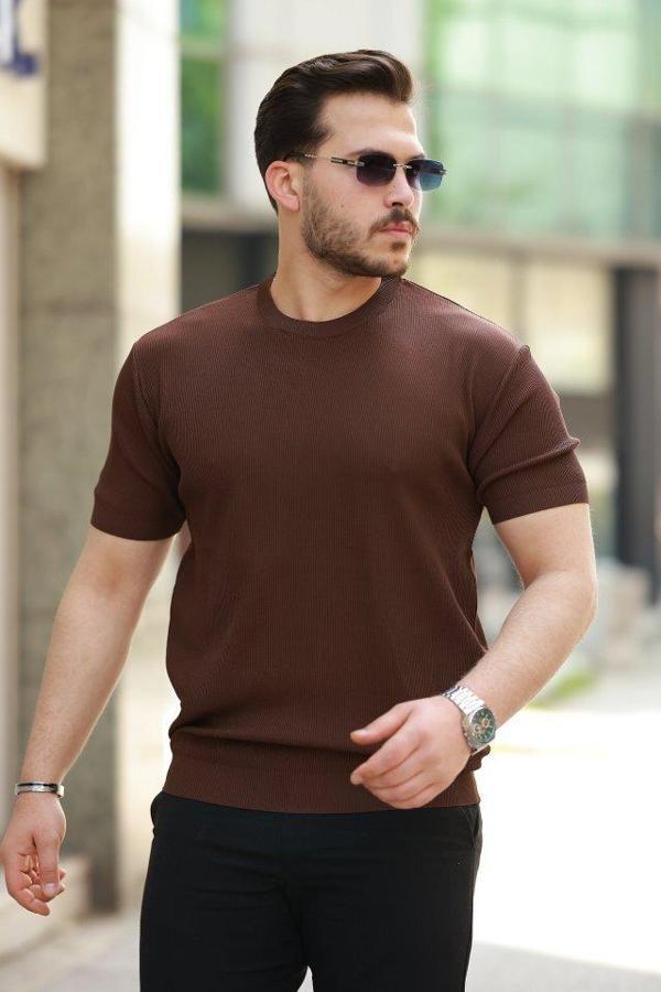 Erkek Bisiklet Yaka Jakarlı Kısa Kollu Tshirt - Image 1