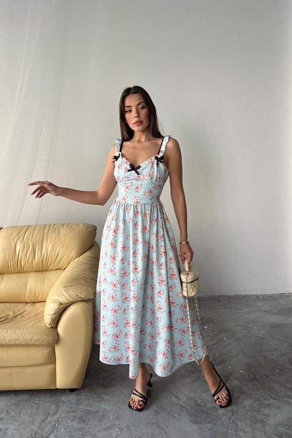 Bebe Mavi Önü Fiyonklu Çiçekli Elbise - Image 1