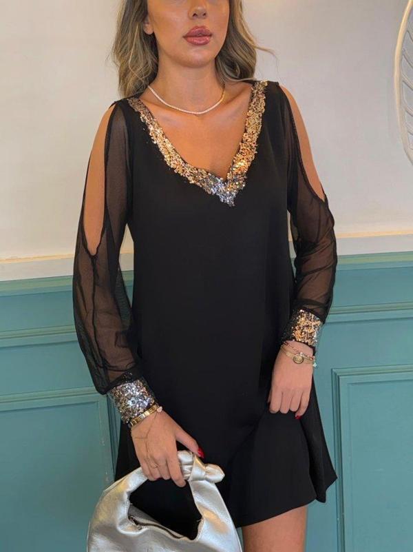 Kadın Siyah Uzun Kollu Kollar Tül Yırtmaçlı V Yakalı Kısa Krep Elbise - Image 1