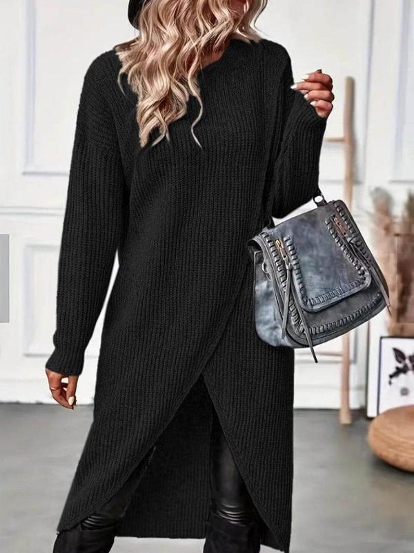 Kadın Uzun Kollu Bisiklet Yakalı önden çapraz Kesim Detaylı Midi Triko Elbise - Image 1