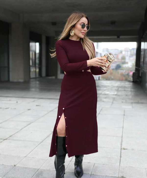 Kadın Uzun Kollu çıtçıtlı Viskon Krop Bluz Ve Yırtmaçlı Etek Istenildiğinde Elbise Olan Ikili Takım - Image 1