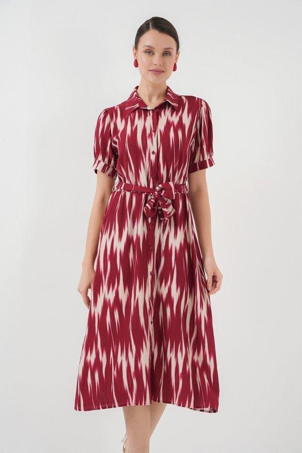 Desenli Kısa Kol Elbise 2532 - Bordo - Image 1