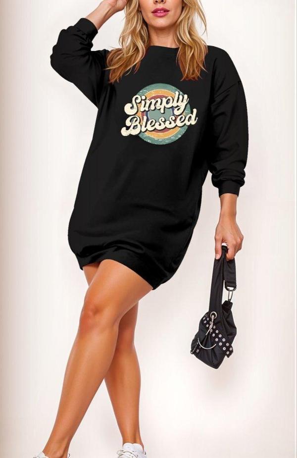 Kadın Uzun Kollu Bisiklet Yaka Yazılı Viskon Iki Iplik Elbise - Image 1