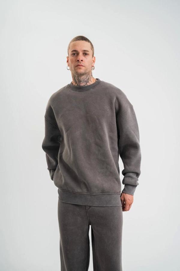 Unisex Uzun Kol Bisiklet Yaka Yıkamalı SweatShirt - Füme - Image 1