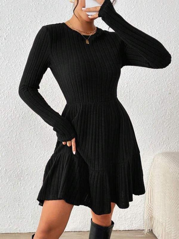 Kadın Uzun Kollu Bisiklet Yaka Kemersiz Eteği Pileli şardonlu Kaşkorse Elbise - Image 1