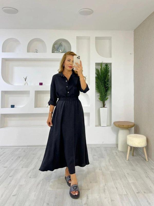 Kadın Keten Kumaş Gömlek Ve Etek Ikili Takim - Image 1