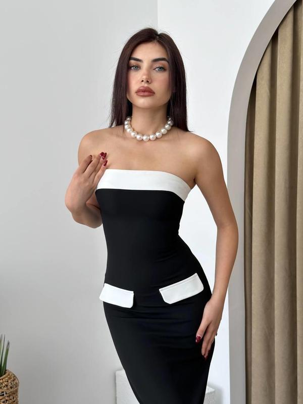  Cep Detaylı Straplez Elbise - Image 1
