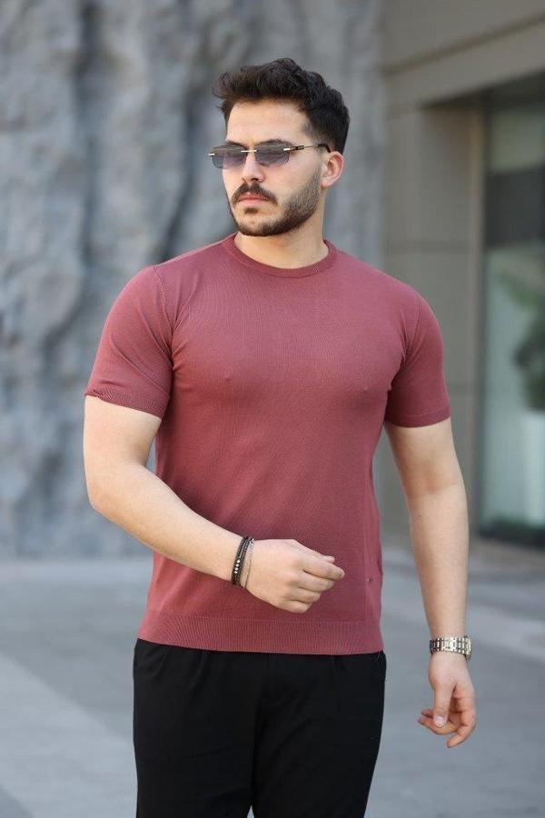 Erkek Viskon Kumaş Bisiklet Yaka Basic Tişört - Image 1