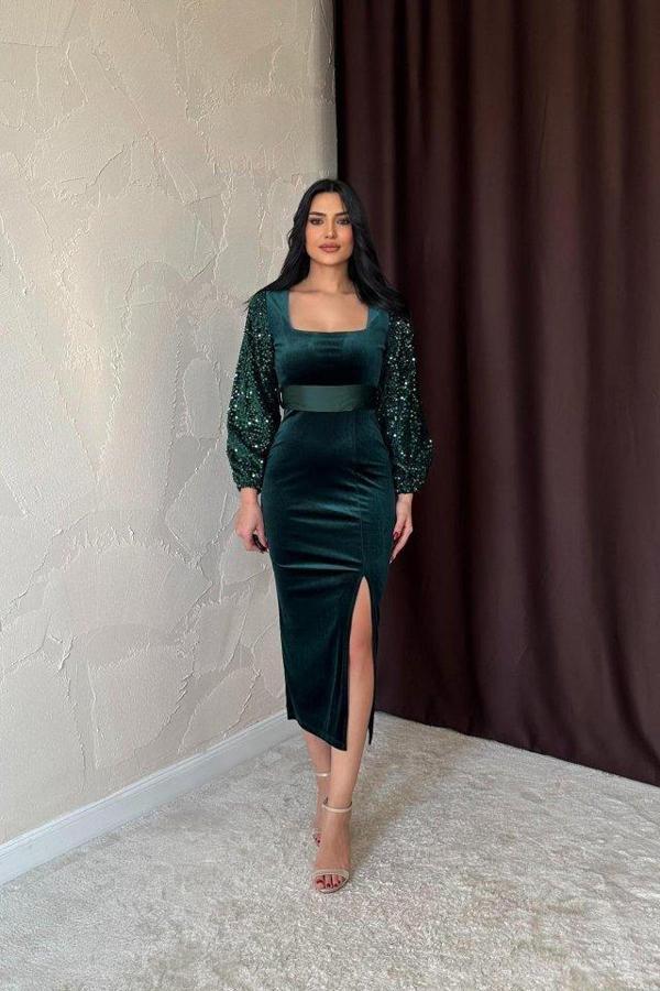 Zümrüt Pul Payetli Kadife Elbise - Image 1