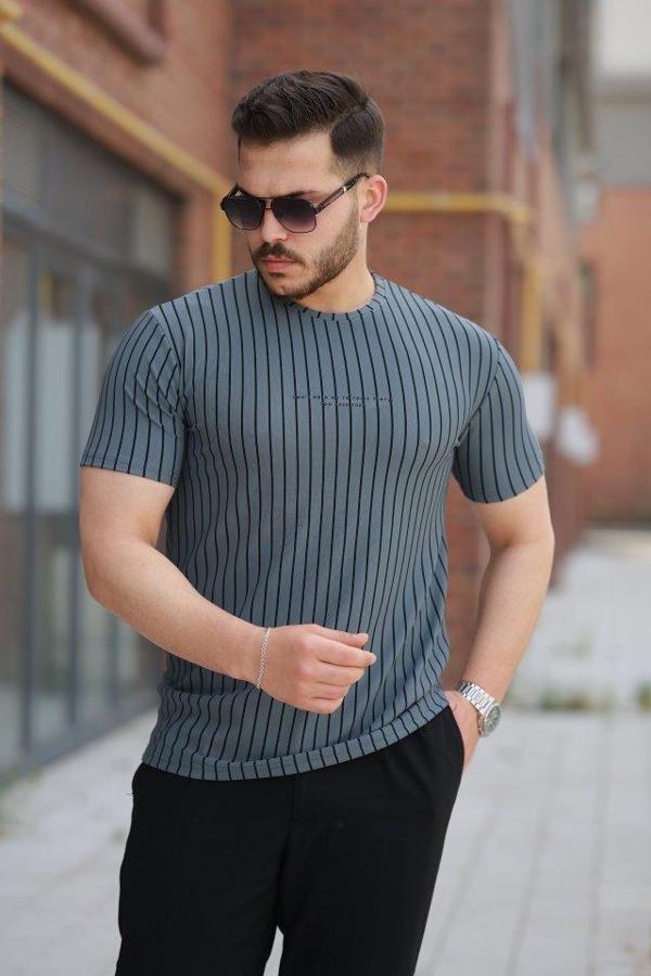 Erkek Dikey çizgili Ottoman Kumaş Kısa Kollu T-shirt - Image 1