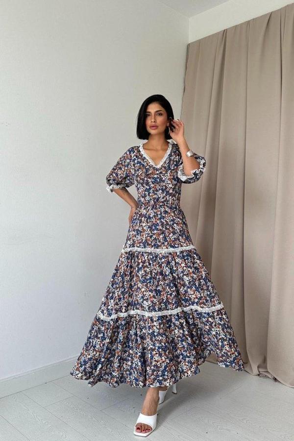Desenli Sırtı Dekolteli Brode Elbise - Image 1