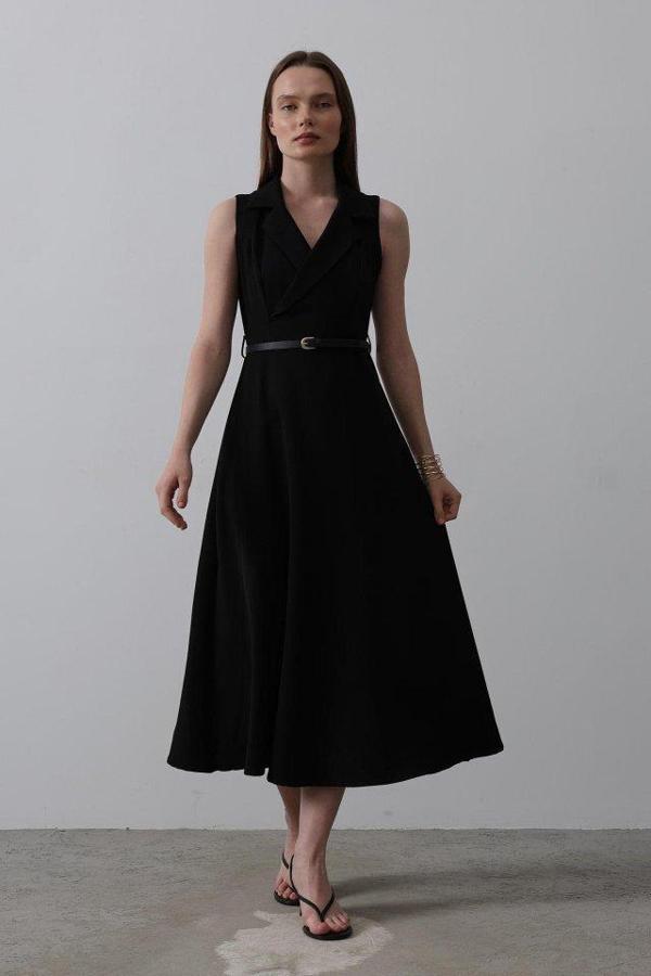 Sıfır Kollu Kemer Detaylı Elbise - Siyah - Image 1