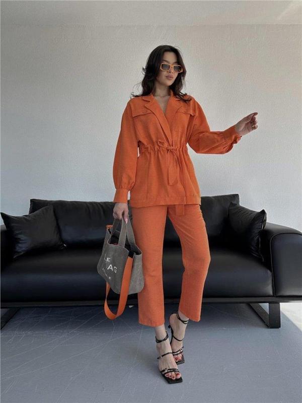 BEL BÜZGÜ DETAYLI PANTOLON - CEKET TAKIM KETEN - Turuncu - Image 1