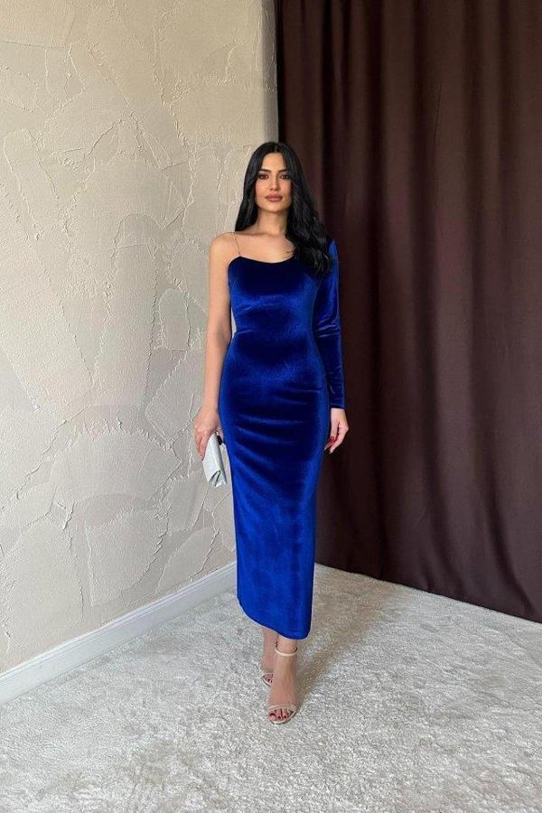 Saks Tek Omuzlu Taş Askılı Elbise - Image 1