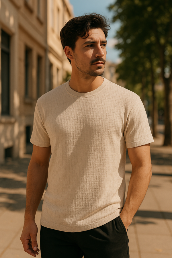 Erkek Kısa Kollu Zigzag Desenli T-shirt - Image 1