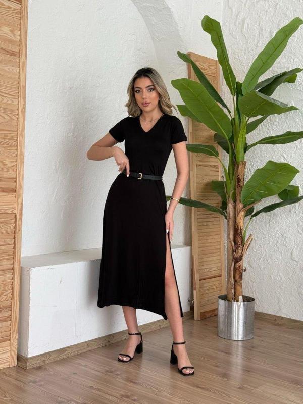 Kadın Kısa Kollu V Yaka Maxi Boy Elbise 124 Cm - Image 1