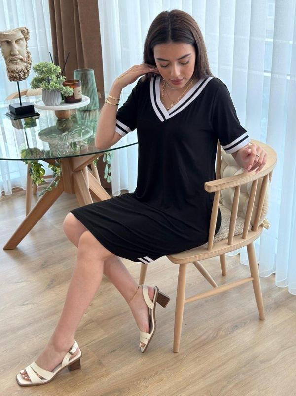 Kadın Kısa Kollu V Yaka Ribana Detaylı Cepli Dizüstü Viskon Elbise - Image 1