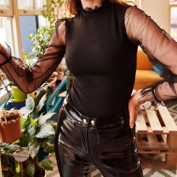 Kadın örme Krep Kumaş Kolları Dantelli Bluz - Image 1