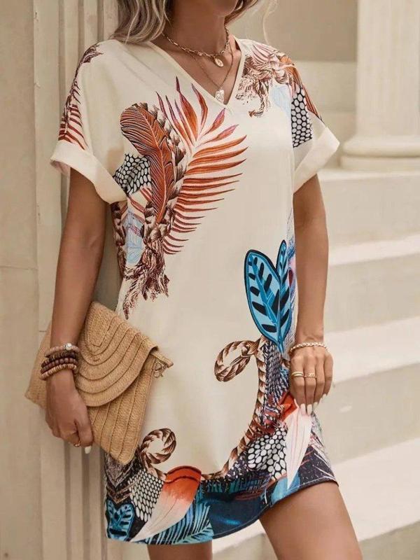 Kadın Kısa Kollu V Yakalı Desenli Mini Atlas Elbise - Image 1