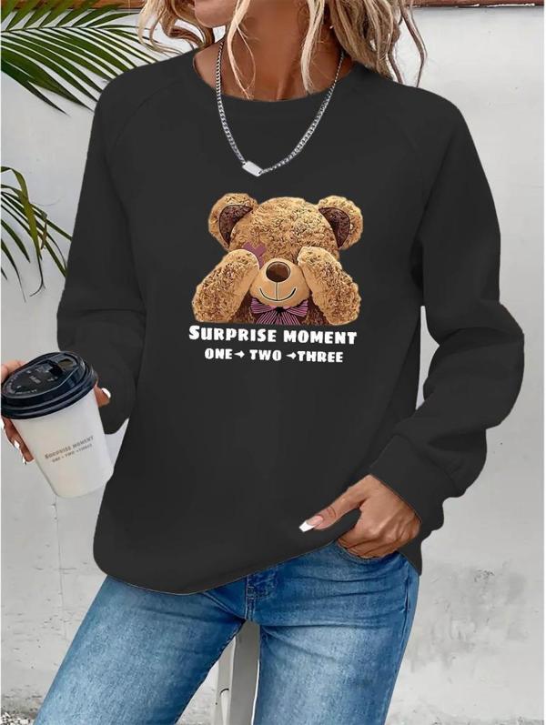 Kadın Uzun Kollu Bisiklet Yaka Ayıcık Desenli Viskon Iki Iplik Bluz - Image 1