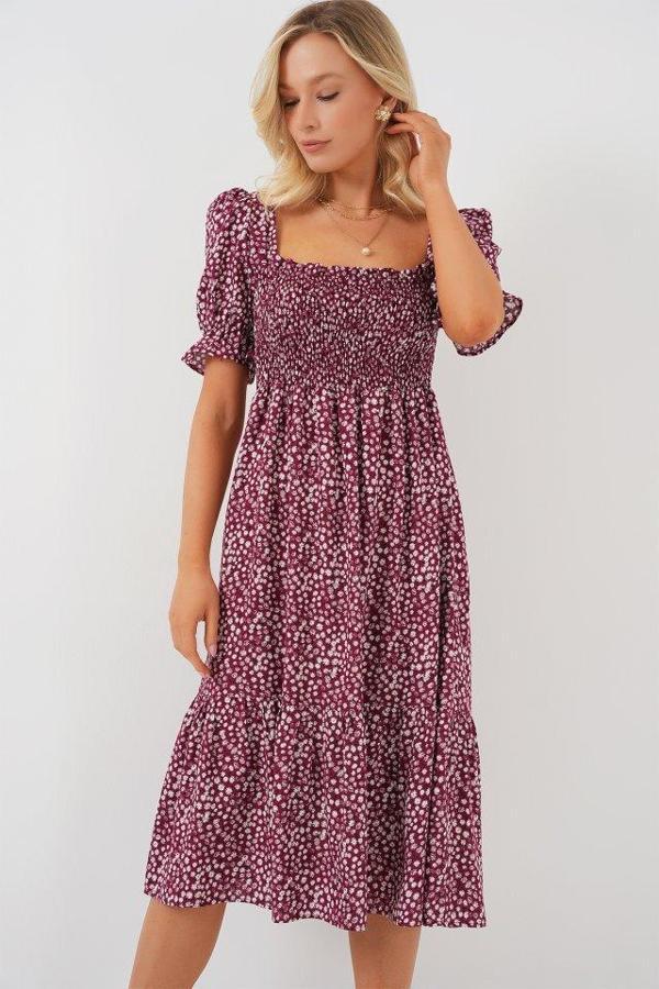 Kısa Kol Çiçekli Elbise 2556 - Bordo - Image 1
