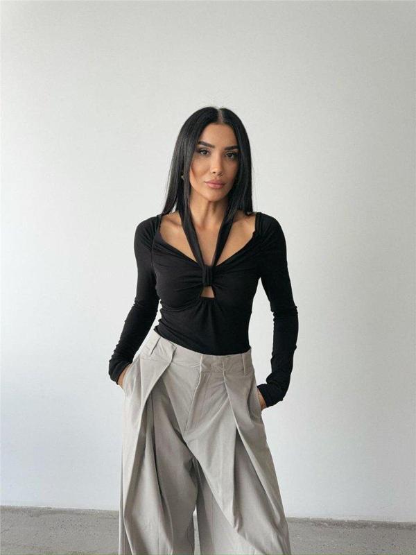 SANDY BODYSUİT ÖNDEN BAĞLAMA DETAYLI - Siyah - Image 1