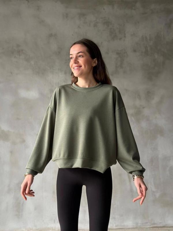 Osy Modal Yumuşak Dokulu Kumaş Bisiklet Yaka Oversize Sweatshirt - Haki - Image 1