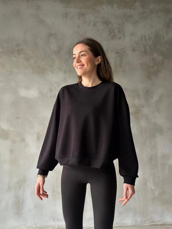 Osy Modal Yumuşak Dokulu Kumaş Bisiklet Yaka Oversize Sweatshirt - Siyah - Image 1