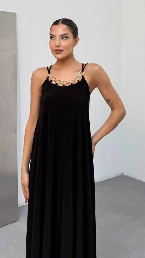 Kadın Omuz Askılı Kuş Gözü Zincir Detay Sandy Kumaş Maxi Boy Elbise - Image 1