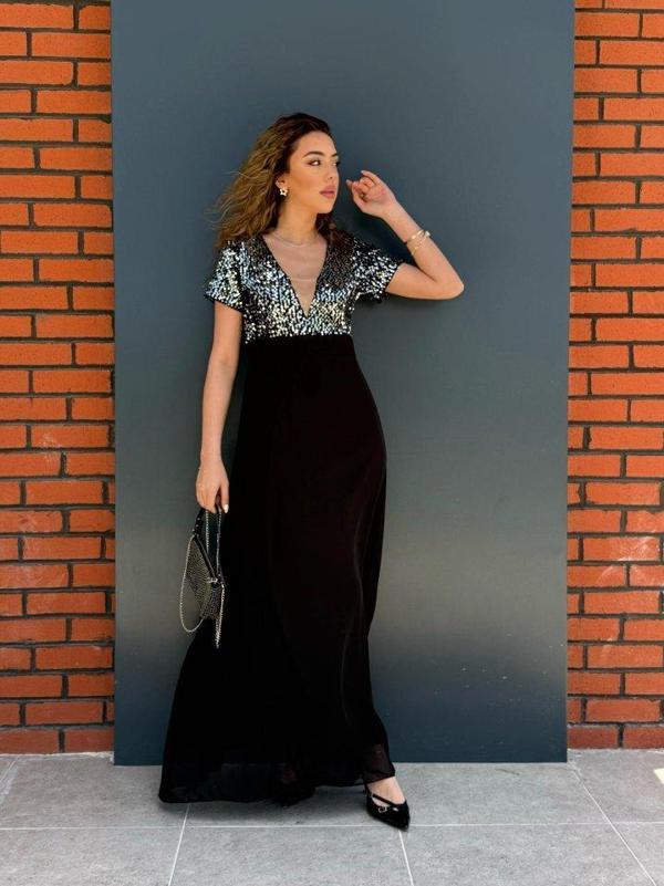 Kadın Kısa Kollu Derin V Yakalı A Kesim Pulpayet Detaylı şifon Nedime Elbisesi - Image 1