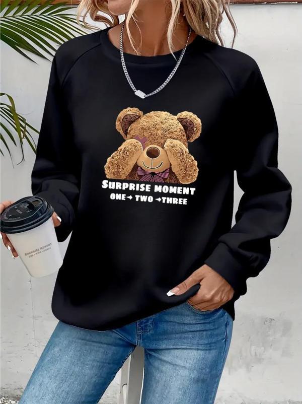 Kadın Uzun Kollu Bisiklet Yaka Ayıcık Desenli Viskon Iki Iplik Bluz - Image 1