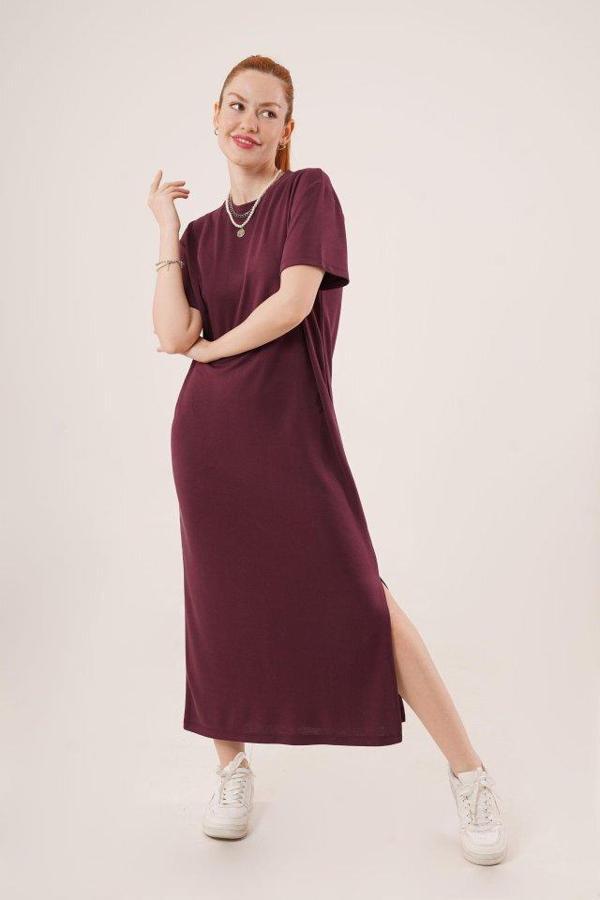 Yırtmaç Detaylı Kısa Kollu Salaş Maxi Bordo Elbise - Image 1