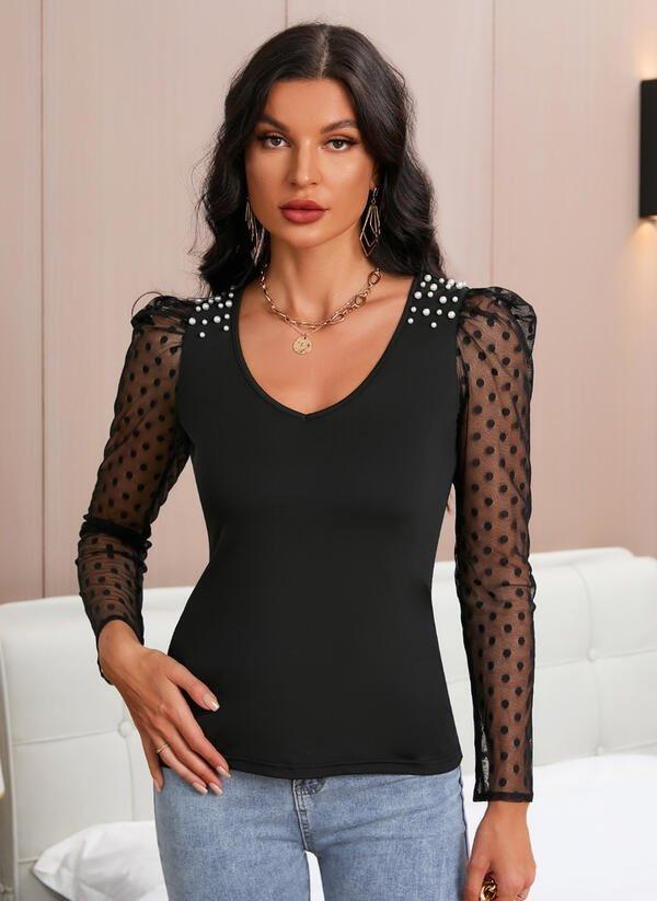 Kadın Uzun Kollu Omuz Inci Kollar Tül Detay Viskon Bluz - Image 1