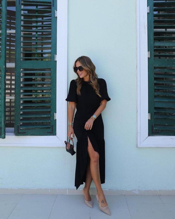 Kadın Kısa Kollu Bisiklet Yakalı Yandan Yırtmaçlı Büzgülü Janjan Krep Elbise - Image 1