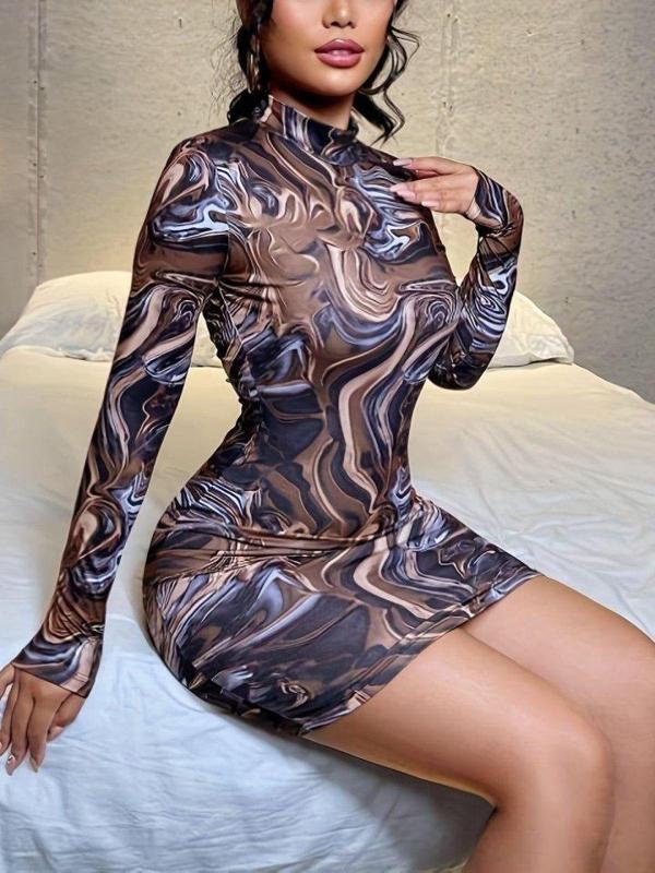 Kadın Uzun Kollu Balıkçı Yaka Desenli Dalgıç Elbise - Image 1