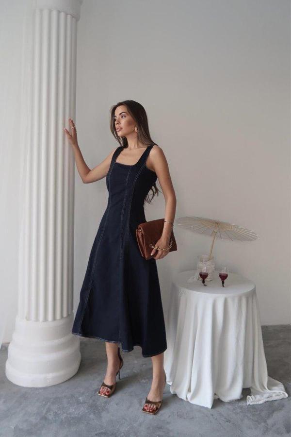 Lacivert Çift Dikişli Gabardin Elbise - Image 1