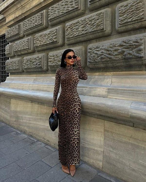 Kadın Uzun Kollu Balıkçı Yaka Gull Likralı Leopar Desen Maxi Boy Elbise - Image 1