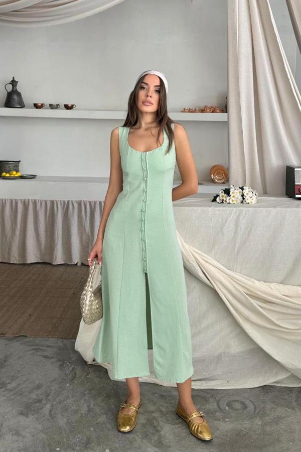 KETEN KOLSUZ KARE YAKA DÜĞME DETAYLI ELBİSE - Mint - Image 1