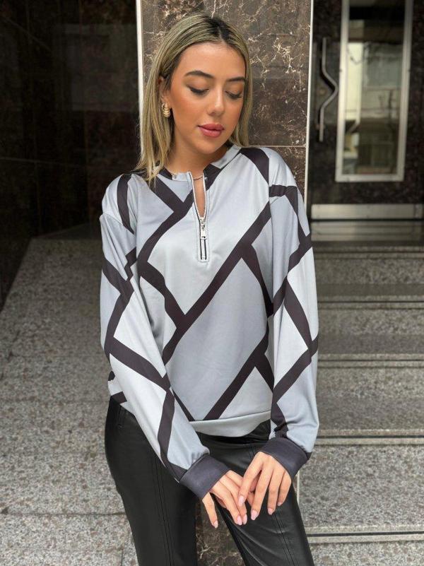 Kadın Uzun Kollu Yuvarlak Yaka Fermuarlı Desenli şardonlu Bluz - Image 1