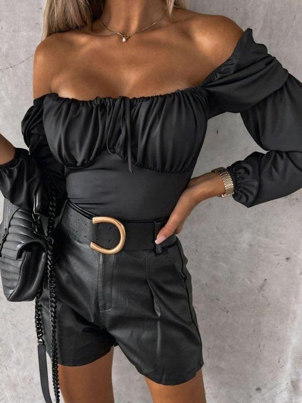 Kadın Uzun Kollu Kare Yaka Göğüs Büzgü Detay Sandy Bluz - Image 1